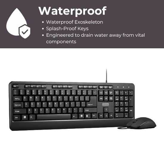 Lenovo 160 Keyboard & Mouse Wired Combo | Waterproof Exoskeleton | Splash Proof Keys | 1600 DPI Full Size Mouse | Non-Slip Scroll Wheel | Adjustable Keyboard Stand | 3 Yr Warranty